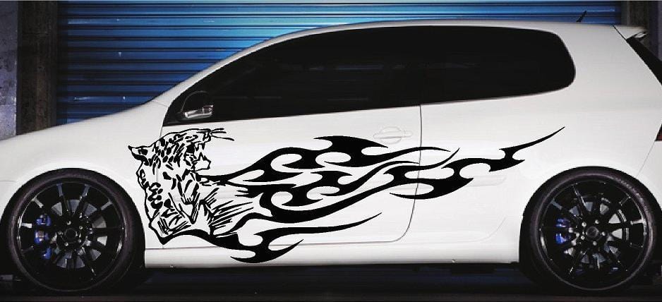 Leopard animal flames vinyl graphics on white car